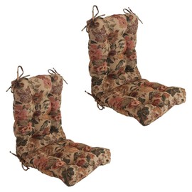 Classic Tufted Seat/Back Outdoor Dining Patio Chair Cushions Set of 2 with Ties | Casual Transitional Traditional Eclectic Floral Botanical Pattern | Pink Tan Multi Colors 18in W X 38in D X 4.5in H