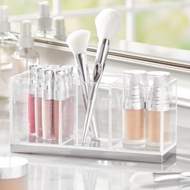 mDesign Large Makeup Holder with 3 Compartments - Practical Cosmetic Sorting Box - Rectangular Plastic Makeup Box - Clear and Silver