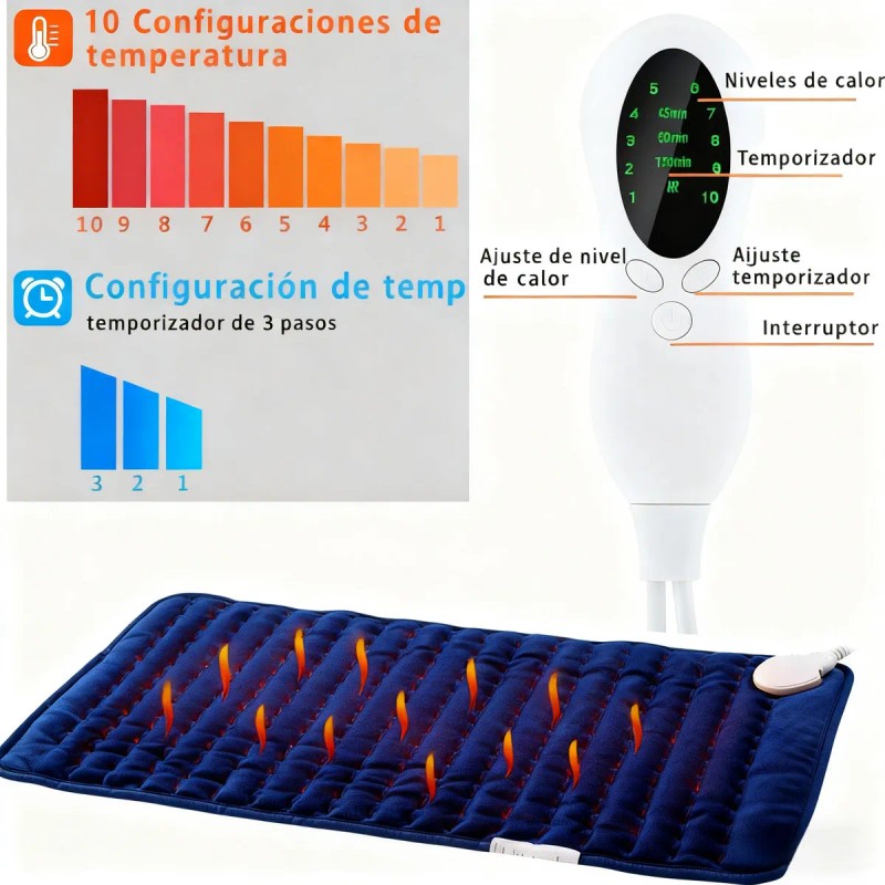 Almohadilla Térmica Cojín Eléctrico 10 Niveles Temperatura Color Azul