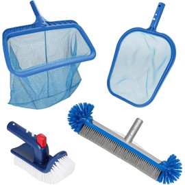 KUJOBUY Swimming Pool Cleaning Kit Cleaner Tool for Swimming Pool Professional Cleaning Set: Leaf Skimmer, Mesh Net, 17.5 Inch Brush Head Scrubber 4-Pieces Set - No Pole