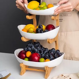 3-Tier Fruit Bowl Stand – Bamboo & Plastic Tiered Storage Organizer for Kitchen & Dining | Space-Saving Countertop Fruit Holder with Natural Bamboo Frame | Stylish Display for Fruits, Snacks & More
