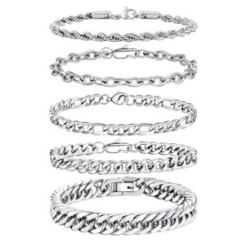NOMOKOS Silver Chain Bracelets for Men Women - 5pcs Stainless Steel Rope/Figaro/Paperclip/Cuban Link Curb Chunky Chain Bracelet Set Silver Bracelet for Men Women 8 Inich