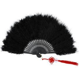 Grevosea Marabou Feather Fan, 20s Vintage Folding Fan Renaissance Rave Fans, Foldable Hand Feather Fans for 1920s Gatsby Party,Clothing Accessories and Party Decorations(Black)