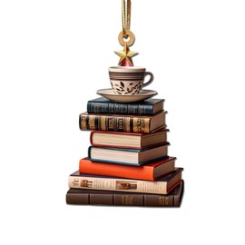 Book Lovers Ornament Acrylic Reading Book Coffee Cup Ornaments Love Bookish Decor Librarian Gifts for Christmas Holiday New Year Party Xmas Tree Decorations Hanging