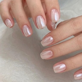 GLAMERMAID Press on Nails Extra Short Squoval, White Pearl Mermaid Chrome Spring Handmade Gel Glue on Nail, 24Pcs Glossy Round Reusable UV Finish Fake Nail Acrylic False Nail Manicure Kit for Women