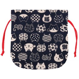 Kyoyu 100% Cotton, Drawstring Bag, Approx. 6.3 x 6.1 inches (16 x 15.5 cm), Small Pouch, Japanese Pattern, Kitty, Navy Blue