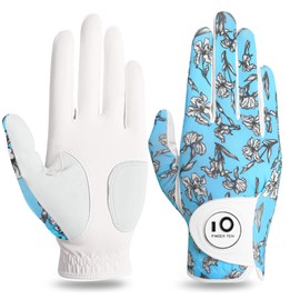 FINGER TEN Golf Gloves Women Left Right Hand Leather with Ball Marker Value Pack, Colored Glove for Ladies Right Left Handed Golfer All Weather Grip (Full-Iris, X-Large, Right)
