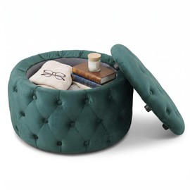 Oval Storage Ottoman with Button-Tufted Diamond Stitch, Upholstered Storage Bench with Lift Top, Multifunctional Footrest Stool for Living Room, Bedroom, Entryway (Blackish Green)