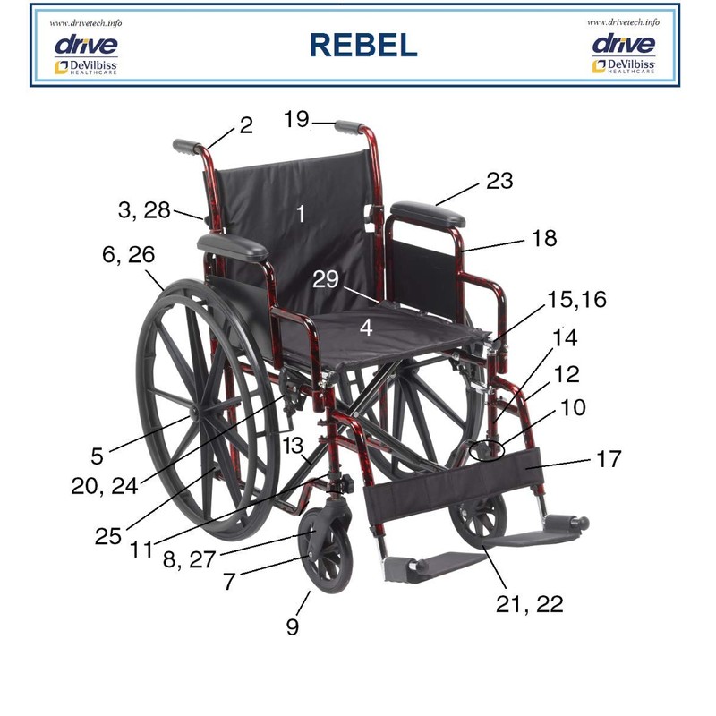 Drive Replacement Parts (Each Part Sold Seperately) Rebel Wheelchair RTLREB18-11.