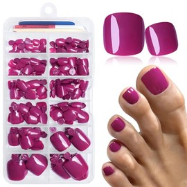 LuckForever 168pc Press on Toenails Women Fake Toe Nails with Glue Tabs, Magenta Fake Toenails Press-on Nail Short Square Acrylic Toes Nail Tips False Toenail Artificial Toe Nails Press ons
