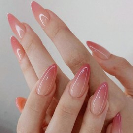 Press On Nails 24pcs Acrylic French Full Cover False Nails Pink Gradient Almond Fake Nail Women Girls Daily Decoration Nail Extension Easy DIY