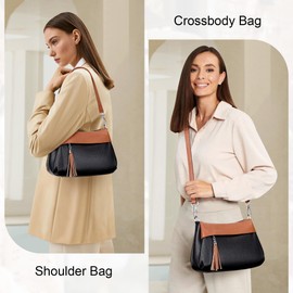 Over Earth Leather Handbags for Women Small Hobo Shoulder Bag Ladies Crossbody Purse（O111-2E Black/Brown）