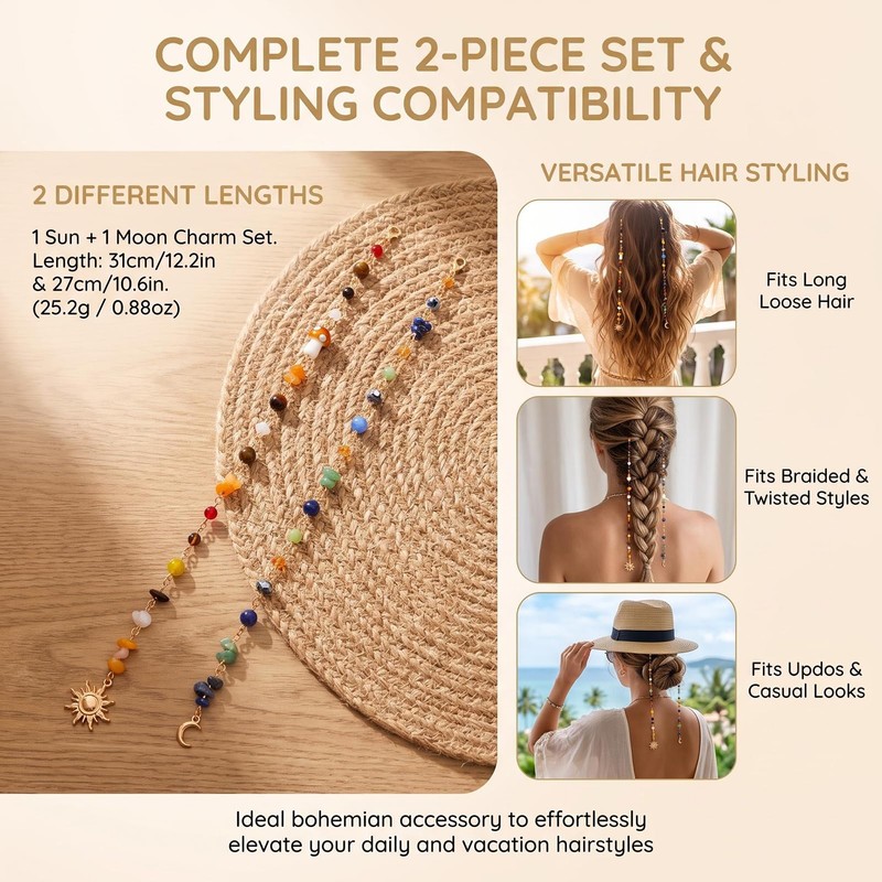 2 Pcs Bohemian Hair Chain with Colorful Beads & Sun