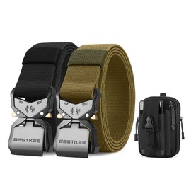 Bestkee Men's Tactical Belt, Heavy Duty Military Style, Quick Release Metal Buckle, 38 mm Width, Gift with Tactical Molle (Modular Lightweight Load-Carrying Equipment) Pouch and Hook