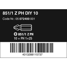 Wera 05072400001 Phillips Extra-Tough Bits 851/1 Z PH1 x 25 mm, Pack of 10