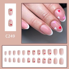 Heart Fake Nails Short French Tip Press on Nails Valentines Day Glue on Nails Round Head Almond Acrylic Nails Glossy Full Cover False Nails with Heart Designs Cute Artificial Stick on Nails 24Pcs