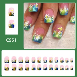 Flower Press on Nails Short Square Glue on Nails with Blue Green French Tips Design White Daisy False Nails Gold Glitter Stick on Nails Reusable Spring Summer Fake Nails for Women Girls Manicure 24Pcs