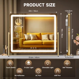 Hasipu Vanity Mirror with Lights, 24" x 18" LED Makeup Mirror, Light up Mirror with 10X Magnification and Phone Holder, USB Charging Port, Smart Touch 3 Colors Dimmable, 360° Rotation (Gold)