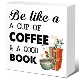 LVQHI Coffee Book Lover Wood Block Sign,Be Like a Cup of Coffee Wooden Box Sign for Home Shelf Reading Room Tabletop Desk Decor,Rustic Cafe Read Lover Sign Decor V434