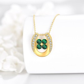 KZX Horseshoe Necklace for Women S925 Sterling Silver Green CZ Clover Lucky Pendant Neckalce Jewelry Gifts for Mother Wife (Green Horseshoe Necklace)