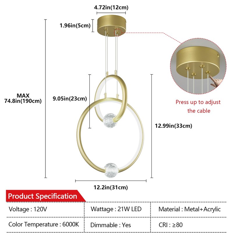 JXJYHL Modern Chandelier Light Fixture,2-Ring Dimmable LED Pendant Light 6000K,Adjustable
