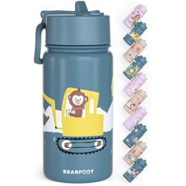 BEARFOOT Children's Stainless Steel Water Bottle with Straw - Thermos Flask 400 ml - BPA Free - Leak-Proof - Toddlers, Girls & Boys Water Bottle for School, Nursery (Blue - Digger Monkey)
