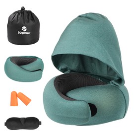 Vzpeun Travel Pillow - Hooded Neck Pillow Airplane, Memory Foam Pillow for Plane, Office, Cars Sleeping, Long Flight Must Haves, Road Trip Essentials Accessories for Adults (Green)