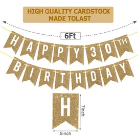 Pre-Strung Gold Happy 30th Birthday Banner Decorations,12 ft No DIY Gold Glitter 30th Birthday Party Banner Sign Decor for Women Men Girl Boy Party Supplies