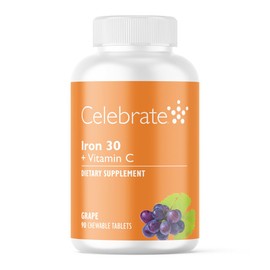Celebrate Vitamins Iron Supplement with Vitamin C - 30mg Iron, 60mg Vitamin C, Bariatric Vitamins for WLS Patients, Vertical Sleeve & Gastric Bypass Surgery – Grape, 90 Chewable Tablets