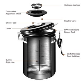 malmo Coffee Canister,Airtight Coffee Container with Date Tracker Lid, Stainless Steel Canister for Kitchen Food Storage 9oz, Black (22, Cylinder, 1, KF) (BK 9oz)