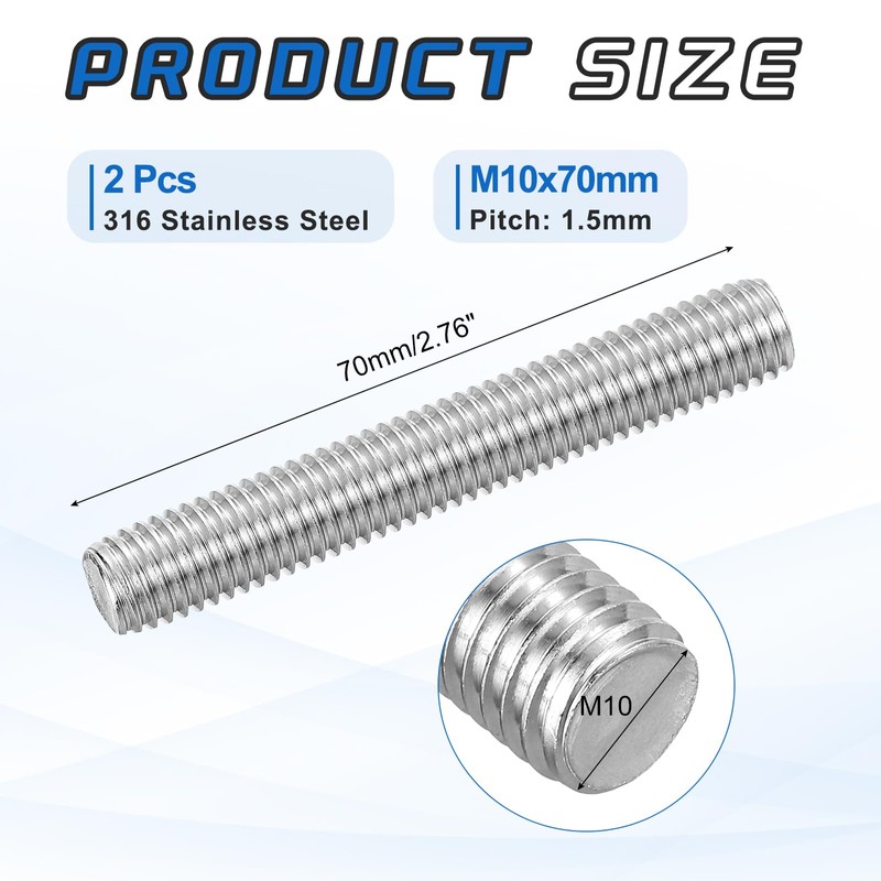 sourcing map 2Pack M10x70mm Fully Threaded Rod, 316 Stainless Steel