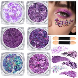Teenitor Body Glitter Gel – Juego de purpurina para rostro y cuerpo púrpura, 6 formas, gel con purpurina para el cabello, purpurina de maquillaje para cara, cuerpo, cabello
