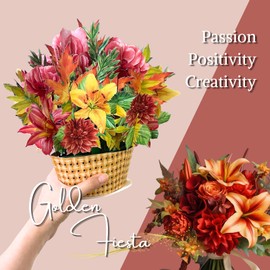 eGoHi Large Paper Flower Basket Card, Pop Up Cards, 9 inches with Note Card and Envelope - Golden Fiesta