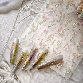 5D Embossed Summer Sea Nail Stickers Aurora Nail Decals Shiny Laser Nail Art Stickers Self-Adhesive Fish Tail Bow Designs DIY Manicure Decoration Nail Art Supplies for Women Girls