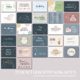 BIROYAL Set of 27 High Quality Birthday Cards, Premium Greeting Card, Birthday Postcard with Envelope, Birthday Greeting Card, Happy Birthday Cards as Postcard Set for Men and Women