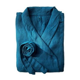 JOWOLLINA Unisex Bathrobe Dressing Gown Made from 100% Fine Waffle Pique Linen Stonewashed with Shawl Collar (L/XL, Blue Illusions)