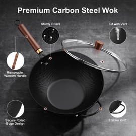 Todlabe Nonstick Wok, 13-Inch Carbon Steel Wok Pan with Glass Cover, Woks & Stir-Fry Pans for Induction, Electric, Gas, Halogen, All Stoves