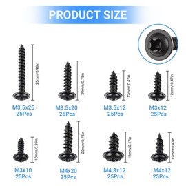 Pack of 200 Black Cross Self-Tapping Screws - M3/M3.5/M4/M4.8 Sheet Metal Screws Assortment, Pan Head Screws Wood, Wood Screws Set, Self Tapping Screws with Plastic Box