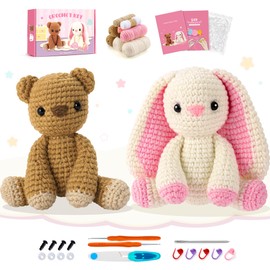 Bear Crochet Kit for Beginners Crocheting Bunny Kit with Instruction, Bear Knitting Kits Animal Kit Crochet Beginners Crochet Animals Crocheted Starter Kit Complete Knitting Set (Brown White)