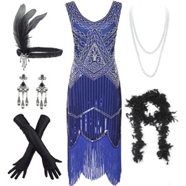 Women's Vintage 1920s Sequin Beaded Tassels Hem Flapper Dress w/Accessories Set (2X-Large, Style03-Blue)