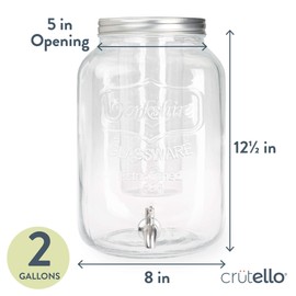 Crutello Outdoor Glass Beverage Dispenser with Stainless Steel Spigot & Ice Cylinder - 2 Gallon Drink Dispenser for Tea, Lemonade, Cold Water & More - A Family-Owned American Brand