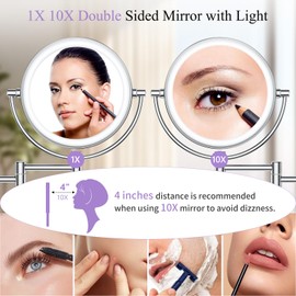 Wall Mounted Makeup Mirror with Lights, Magnifying Mirror 10X/1X Double-Sided, Plug-In Vanity Mirror with 3 Color Lights & Brightness Dimmable, 360°Swivel Extendable Mirror for Grooming & Shaving