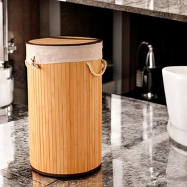 Deconox El Yapımı Hasır Katlanır Çamaşır Sepeti Yuvarlak 60 Litre (35cm*35cm*61cm), Doğal Malzemeden Üretilmiş Çamaşırlık (NATUREL)