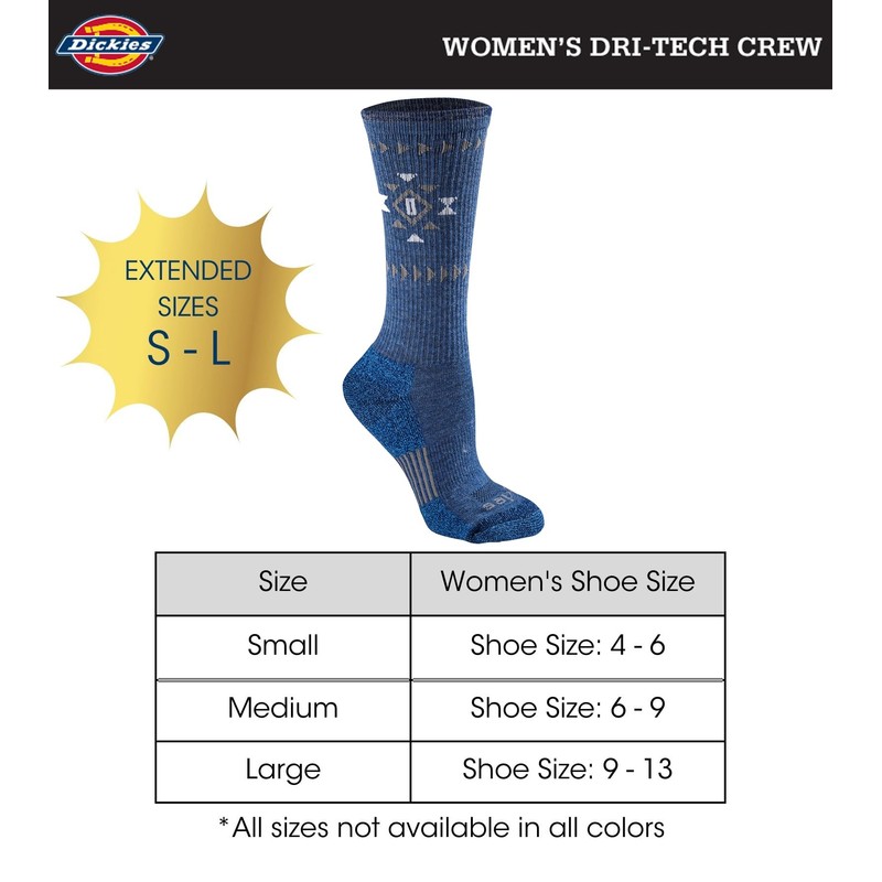 Dickies Women's Dri-tech Moisture Control Crew Socks Multipack, Denim Tribal