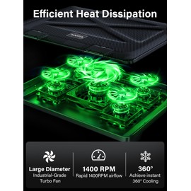 Kootek Laptop Cooling Pad, Laptop Cooler with 5 Quiet Fans for 12"-17" Computer PC Notebook Gaming Laptop Fan, Height Adjustable Laptop Cooling Stand Laptop Accessories, Green