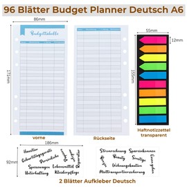 96 Sheets Budget Sheets German A6 Refill Paper Budget Planner Paper (182 Pages) 6 Holes Budget Sheets for Ring Binder A6 Binder Notebook Sticky Notes Transparent 2 Sheets Stickers German