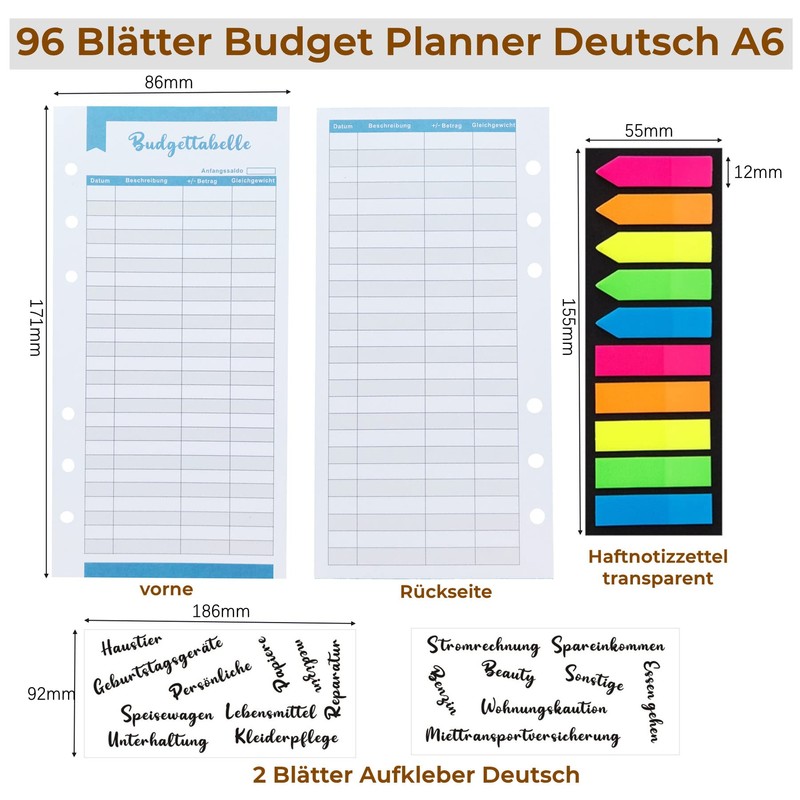 96 Sheets Budget Sheets German A6 Refill Paper Budget Planner