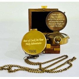 Vintage Sundial Compass with Leather Case,Brass Compass,Gift for Him,Engraved Compass,Sundial Push Compass for Camping, Hiking, Touring