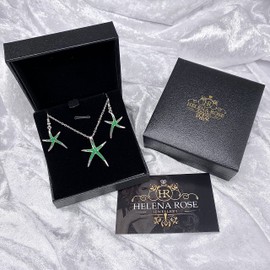 Jewellery Gift Set for Women - Starfish Nautical Beach Theme Design - Silver Plated Pendant Necklace with Green Fire Opal Enamel Inlay & Matching Drop Earrings - With Gift Box - (Green)