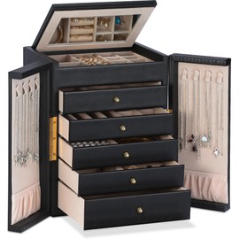 Dajasan Large Jewelry Organizer Box with 5 Drawers, Jewelry Box for Women, 6-Tier Jewelry Storage Organizer with Mirror for Necklace Ring Bracelet Watch, Gift Idea (Black)